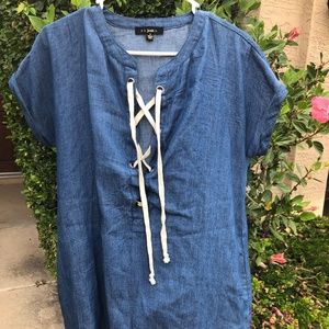 Denim T-shirt Dress Criss Cross Tie W/ Pockets